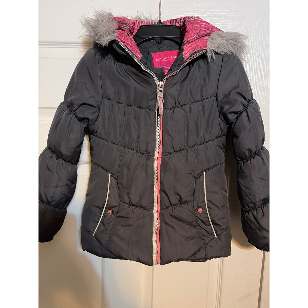 London Fog Girls Black Puffer Jacket Pink Hood Lining Faux Fur Trim Size 7-8